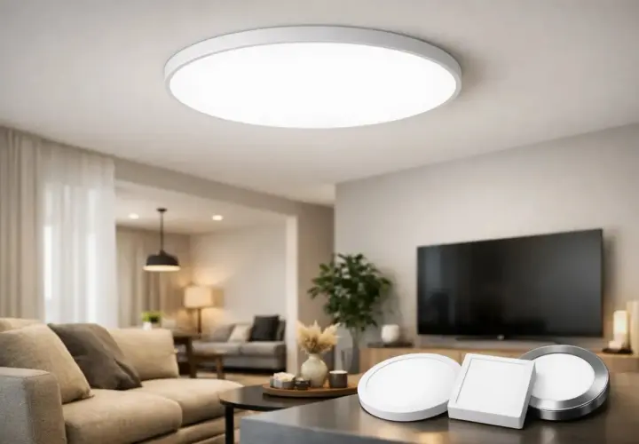 Un moderno salón con un plafón regulable iluminando el techo. En primer plano, tres luminarias de diseño moderno, una redonda y dos cuadradas.