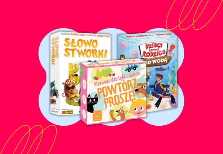 Kolorowe pudełka gier planszowych dla dzieci: "Słowostworki", "Powtórz proszę!" i "Dzieci kontra Rodzice: Pod wodą". Idealne gry 5+ na rodzinne wieczory.
