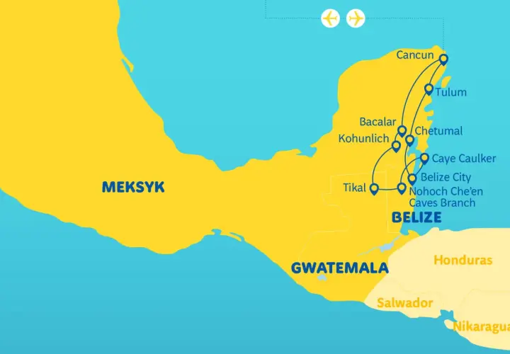 Mapa turystyczna z zaznaczonymi trasami po państwach na Jukatanie: Meksyk, Belize, Gwatemala.