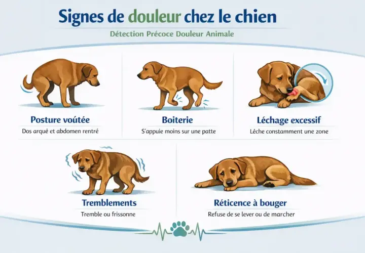 Chien montrant des signes de douleur : posture voûtée, boiterie, léchage excessif, tremblements, réticence à bouger. Ces symptômes peuvent indiquer un mal de la truie.