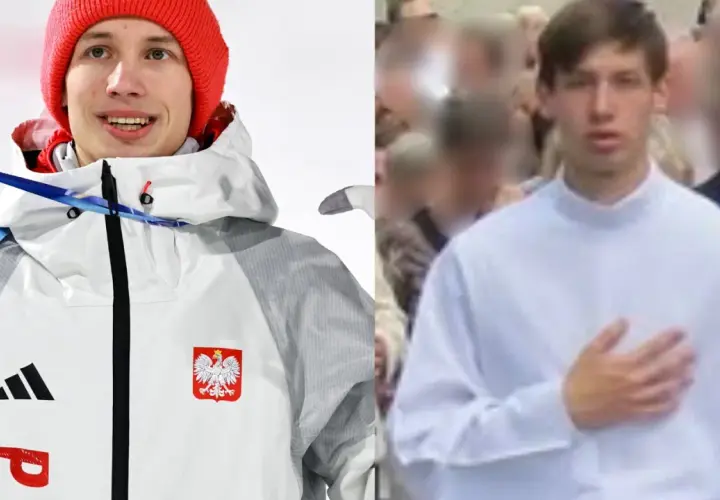 Kacper Tomasiak w stroju olimpijskim i w białej koszuli, jakby na ślubie.