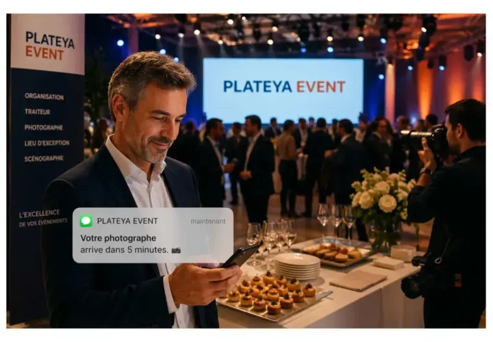 Un homme regarde son téléphone lors d'un événement d'entreprise. Le traiteur propose des amuse-bouches. Le prix moyen par personne est abordable pour ce type de prestation.