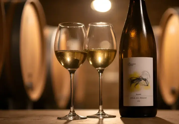 Deux verres de riesling alsace dorés, une bouteille et des fûts de chêne en arrière-plan, dans une cave à vin.