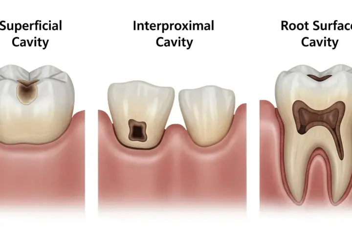Illustrazione di carie superficiale, interprossimale e della radice. Le carie causano danni ai denti.