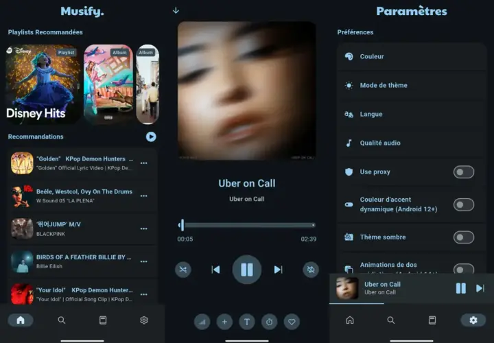 L'application Musify, une plateforme de musique open source, affiche des playlists recommandées, des suggestions de titres et les paramètres de l'application.