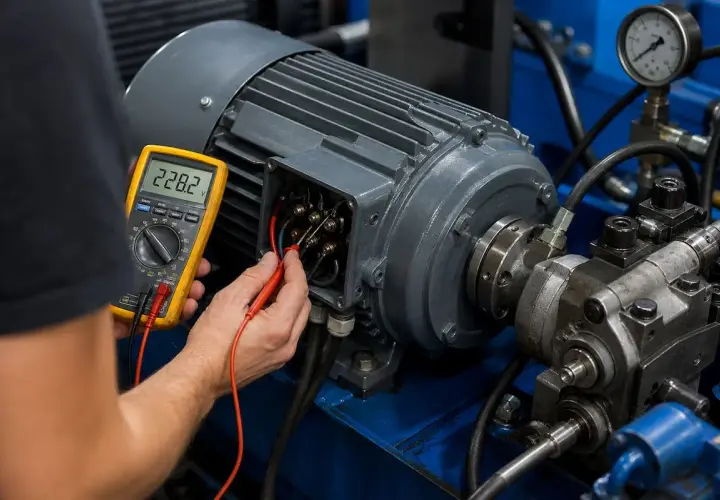 Elektryk sprawdza napięcie silnika, który zaraz sam wchodzi na wysokie obroty. Multimetr pokazuje 228.2V.