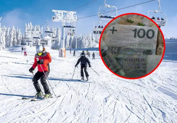 Ferie zimowe Kujawsko-Pomorskie: narciarze na stoku, w tle kolejka linowa, a w kółku banknot 100 zł.