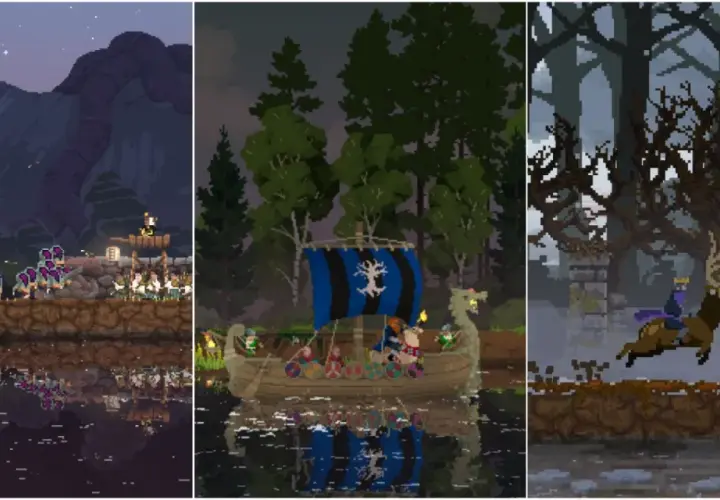 Obrazki z gry Kingdom Two Crowns. Poradnik pokazuje różne sceny: potwora i armię, łódź wikingów i króla na łosiu.