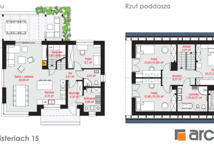 Rzuty parteru i poddasza domu w wisteriach 15. Widoczne salon, kuchnia, sypialnie, łazienka i garderoba.
