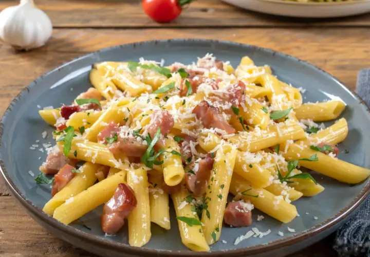 Penne rigate z chrupiącym boczkiem, posypane parmezanem i natką pietruszki. Idealne makaron z boczkiem na szybki obiad.