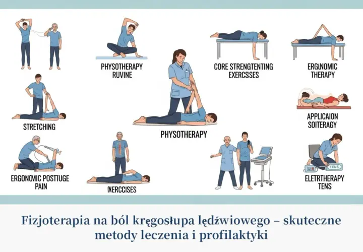 Ilustracje pokazują różne metody fizjoterapii na ból kręgosłupa, w tym ćwiczenia i terapię TENS, wspierające okolice lędźwiowe kręgosłupa.