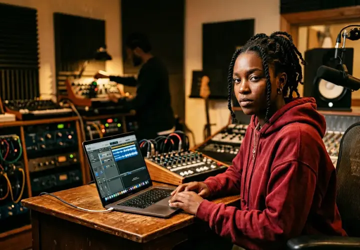 Jeune femme dans un studio d'enregistrement, travaillant sur un ordinateur portable affichant une piste audio. Elle finalise son contrat de distribution musique.