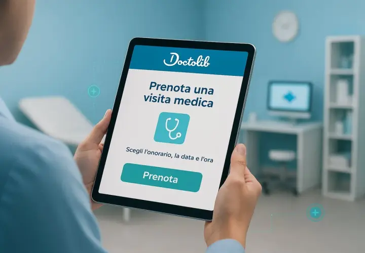 Una persona usa un tablet per prenotare una visita medica tramite Doctolib. L'app mostra "Prenota una visita medica" e un pulsante "Prenota".