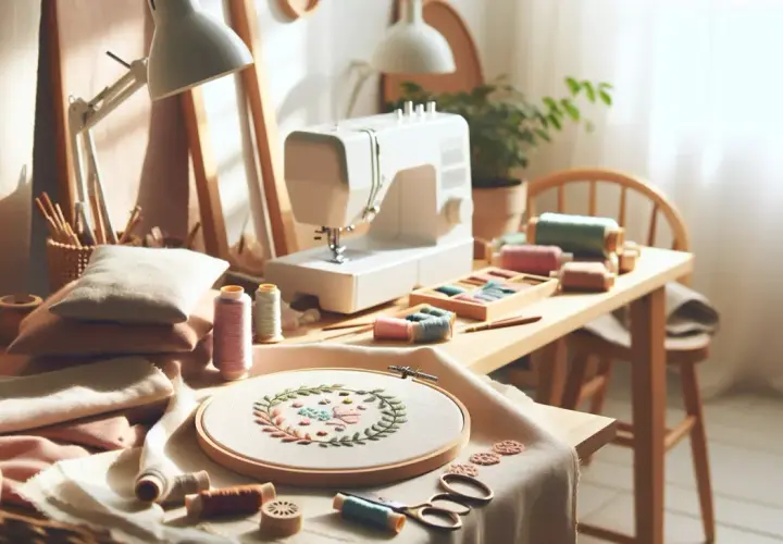 Un atelier de couture lumineux avec une machine à coudre, des fils colorés et un cercle de broderie orné d'un joli point de broderie floral.