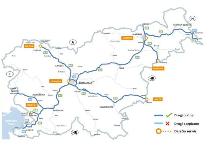 Mapa drogowa Słowenii z zaznaczonymi drogami płatnymi i bezpłatnymi, a także punktami DarsGo serwis. Waluta Słowenii to euro.