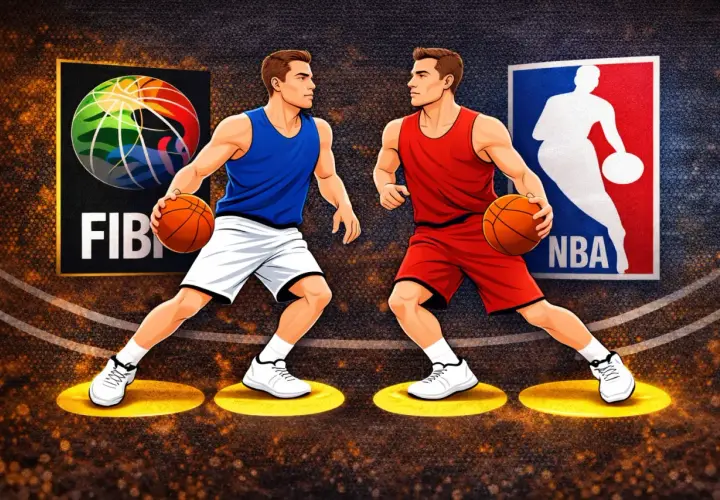 Dwóch koszykarzy, jeden w niebieskim, drugi w czerwonym stroju, szykuje się do akcji. W tle loga FIBA i NBA sugerują, że to będzie zacięta dogrywka w koszykówce.