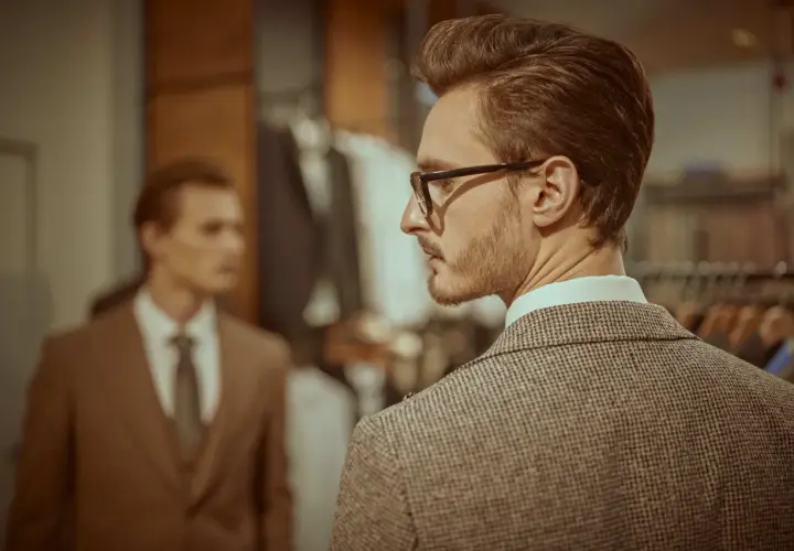 Elegancki mężczyzna w brązowej marynarce w kratę, w tle inny mężczyzna w garniturze. Stylowe brązowa marynarka stylizacje.