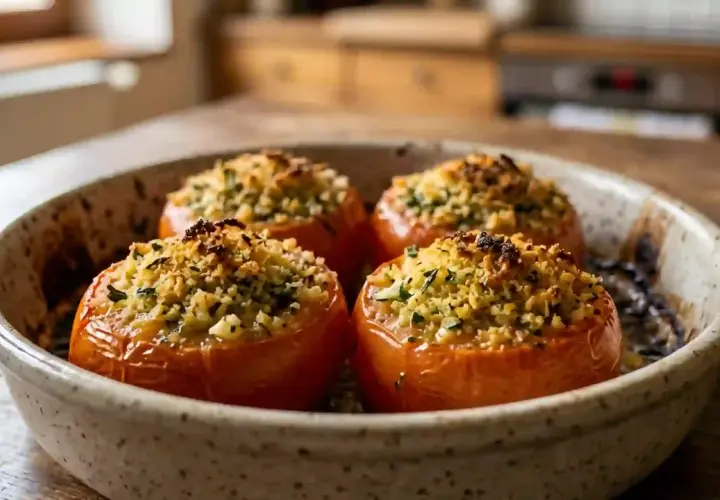 Quatre tomates provençales garnies d'une chapelure dorée et d'herbes fraîches, servies dans un plat en céramique.