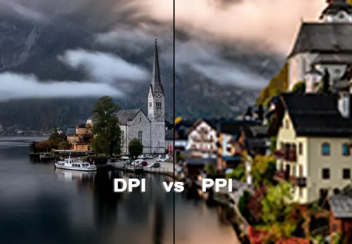 DPI vs PPI: porównanie rozdzielczości zdjęć. Po lewej ostry obraz z kościołem nad jeziorem, po prawej rozmyty widok miasta.