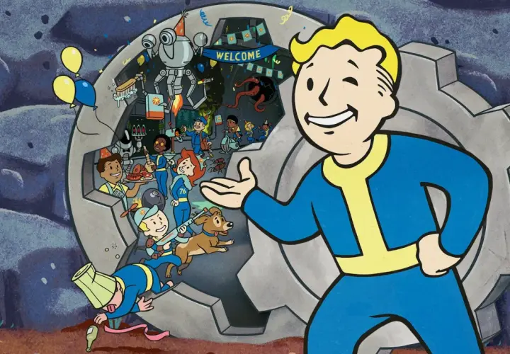 Vault Boy zaprasza do radosnej imprezy w świecie Fallout 76, gdzie gracze z różnych platform mogą wspólnie bawić się dzięki **fallout 76 crossplay**.
