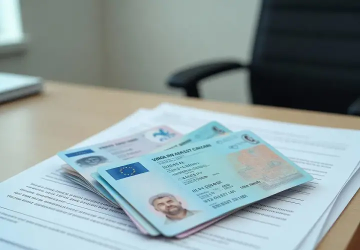 Na biurku leżą dokumenty, w tym e prawko EU z portretem mężczyzny.