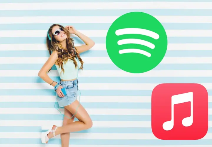 Dziewczyna w słuchawkach cieszy się muzyką, obok loga Spotify i Apple Music.