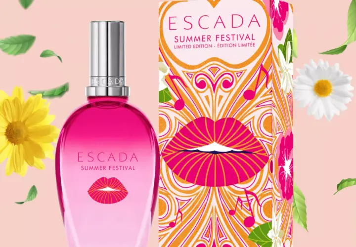 Perfumy Escada Summer Festival w różowej butelce z ustami. Gazetka sklepowa z tym produktem może być inspiracją na lato.