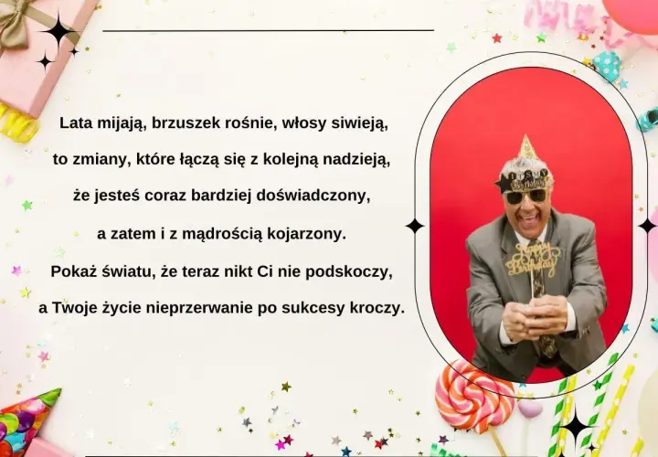 Śmieszne życzenia urodzinowe dla doświadczonego jubilata z wąsami i czapką "IT'S MY BIRTHDAY". Niech życie kroczy po sukcesy!