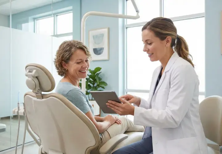 Dentystka w białym fartuchu pokazuje tablet pacjentce siedzącej na fotelu dentystycznym.