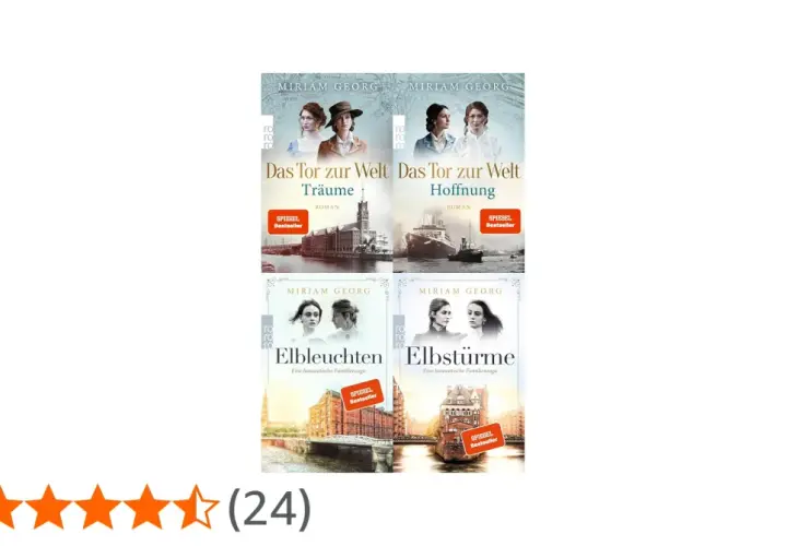 Vier Buchcover von Miriam Georg: "Das Tor zur Welt: Träume" und "Hoffnung", sowie "Elbleuchten" und "Elbstürme".
