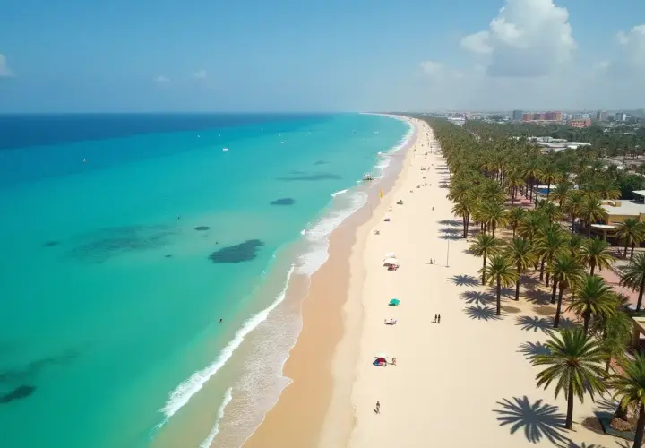 Piękna, piaszczysta plaża z palmami i turkusowym morzem.