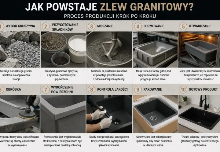 Proces produkcji zlewu granitowego: od kruszywa po gotowy produkt. Zobacz, jak powstaje trwały i estetyczny zlew, który może wymagać impregnacji.