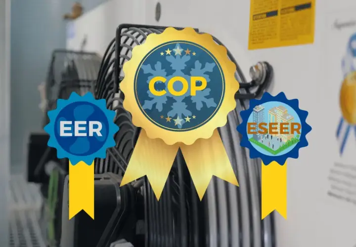 Unidad de aire acondicionado con distintivos de eficiencia energética: COP, EER y SEER.