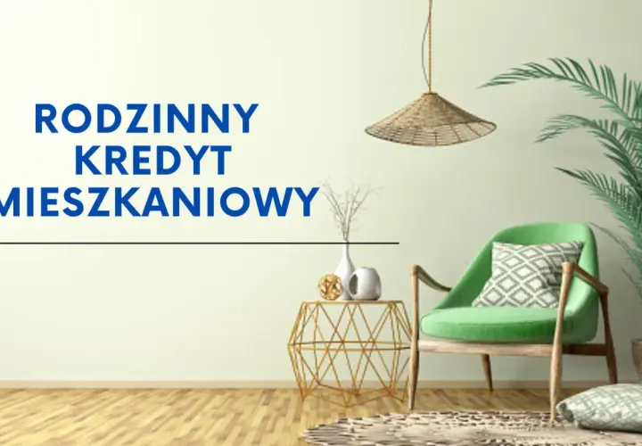 Wygodny fotel i rośliny tworzą przytulną atmosferę. Napis "Rodzinny kredyt mieszkaniowy" sugeruje, że to miejsce idealne do planowania przyszłości.