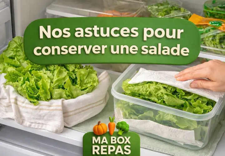 Nos astuces pour conserver une salade fraîche plus longtemps : feuilles de laitue dans un linge et dans une boîte avec du papier absorbant.