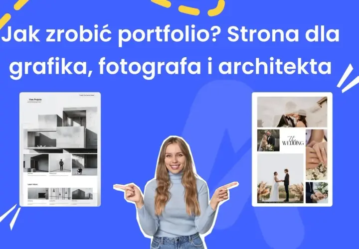 Kobieta wskazuje na ekrany z portfolio architektonicznym i ślubnym. Idealne portfolio fotografa, grafika i architekta.