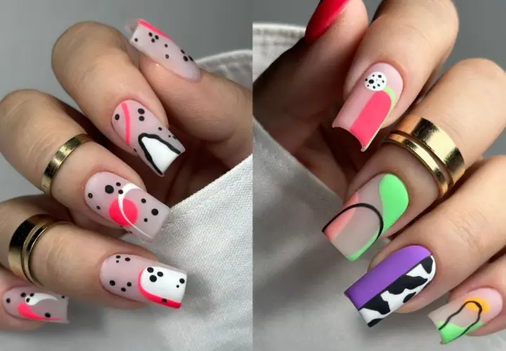 Kolorowy, geometryczny manicure z kropkami i abstrakcyjnymi wzorami. To jest co to jest manicure w nowoczesnym wydaniu.
