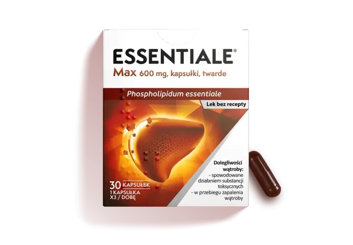 Opakowanie Essentiale Max 600 mg z wizerunkiem wątroby, wskazujące na pomoc w dolegliwościach wątroby, np. spowodowanych substancjami toksycznymi.