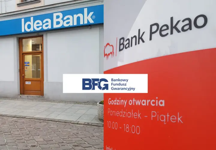 Bank Pekao i Idea Bank obok siebie. Na czerwonym słupie godziny otwarcia: poniedziałek-piątek 10:00-18:00.