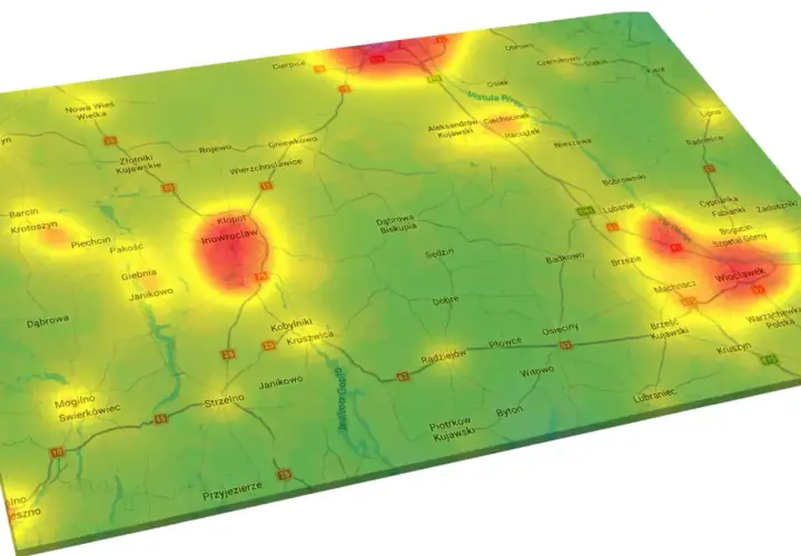 Mapa z zaznaczonymi obszarami o podwyższonej aktywności, w tym w okolicach Inowrocławia i Włocławka. Kierunkowy 54 Polska.