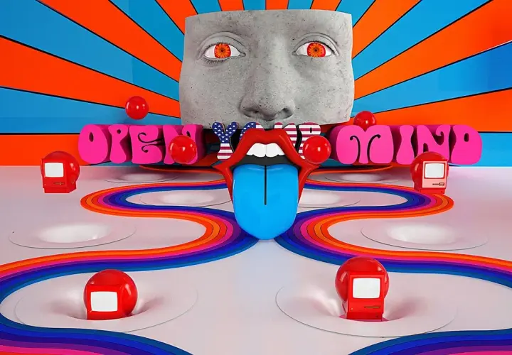 Surrealistowa grafika z kamienną twarzą, otwartymi ustami z niebieskim językiem i napisem "OPEN YOUR MIND".