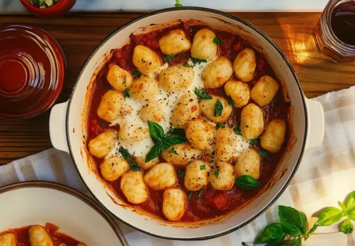 Pyszne, zapiekane gnocchi w sosie pomidorowym, z ciągnącym się serem i świeżą bazylią. Idealne na szybki obiad.