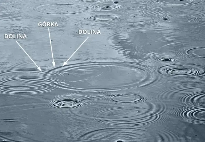 Fale na wodzie, ilustrujące zasadę superpozycji, z zaznaczonymi "górkami" i "dolinami" fal.