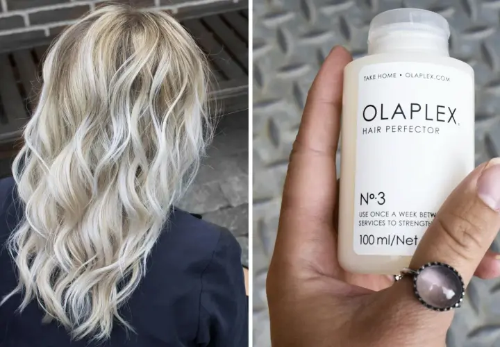 Split image: Left shows blonde wavy hair. Right shows a hand holding an Olaplex Hair Perfector No. 3 bottle.