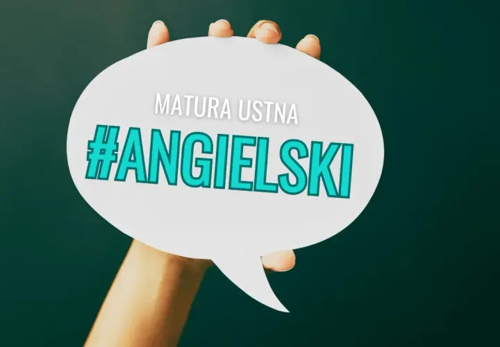 Dłoń trzyma dymek z napisem "MATURA USTNA #ANGIELSKI". To wizualizacja tego, jak wygląda matura ustna z angielskiego.