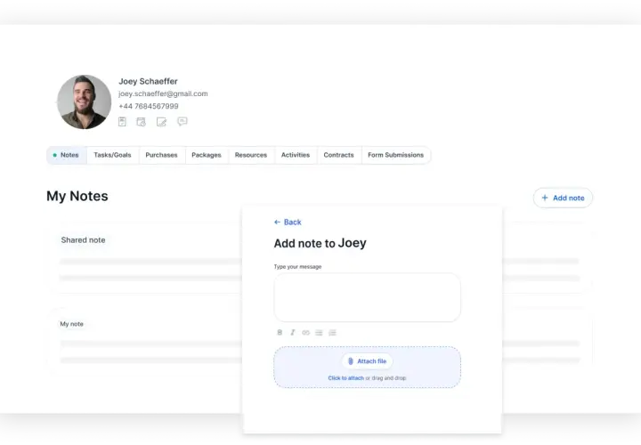 Adding a note to Joey's coaching report. The interface shows a user profile and a section for notes.