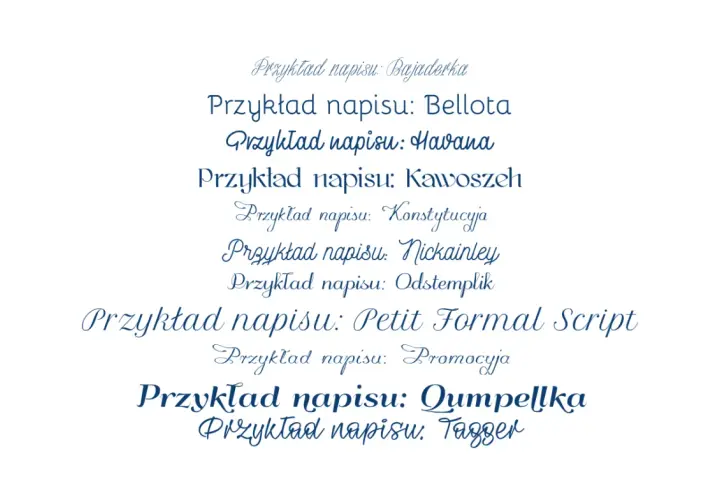 Przykłady napisów w różnych stylach, idealne do projektów z darmowe czcionki z polskimi znakami.