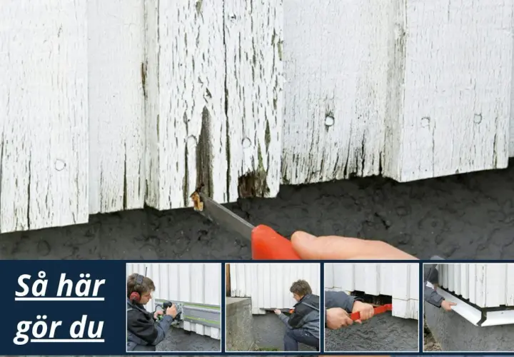 Renovering av ett funkishus från 40-talet. Bilderna visar hur man lagar vittrande träfasad, kapar brädor och monterar ny list.