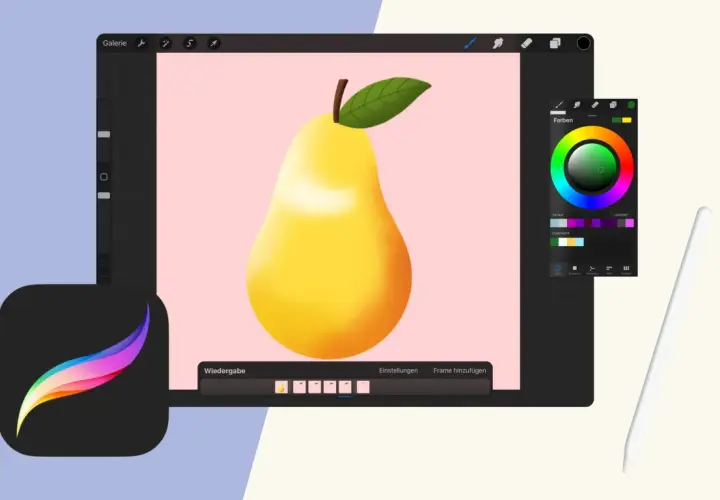 Digitale Kunst mit einer Birne, die auf einem rosa Hintergrund gezeichnet wird. Eine Procreate Alternative mit Farbpalette und Stift.