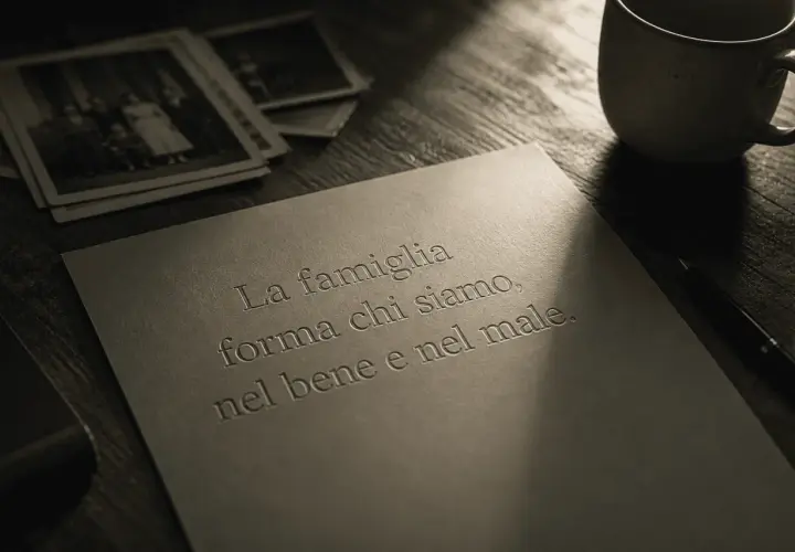 Vecchie foto di famiglia, una tazza e una penna su un tavolo. La frase "La famiglia forma chi siamo, nel bene e nel male" evoca ricordi, anche quando i figli ti feriscono.